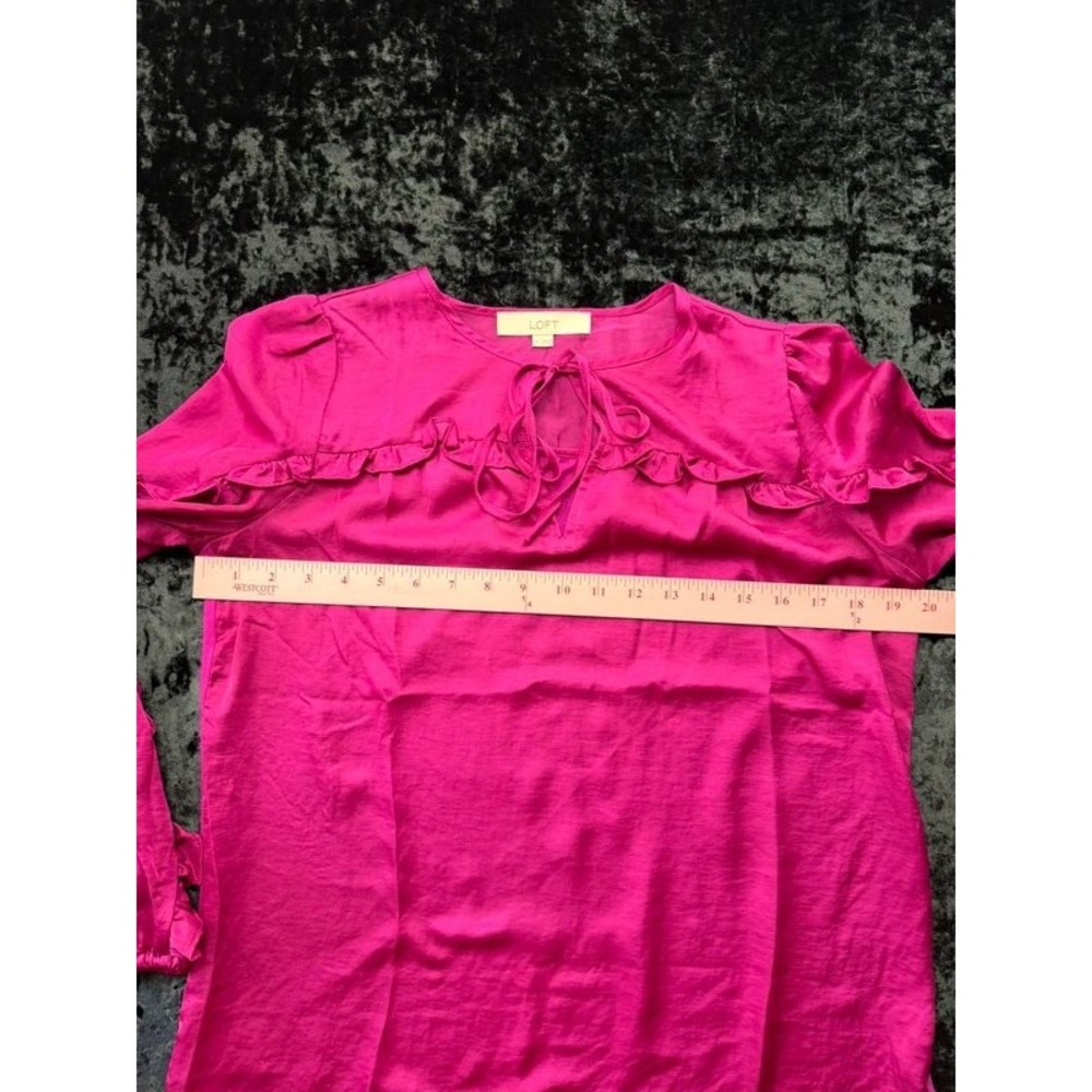 LOFT Women's XS Hot Pink Ruffle Sleeve Tie Neck Keyhole Blouse Long Sleeve - Picture 8 of 10